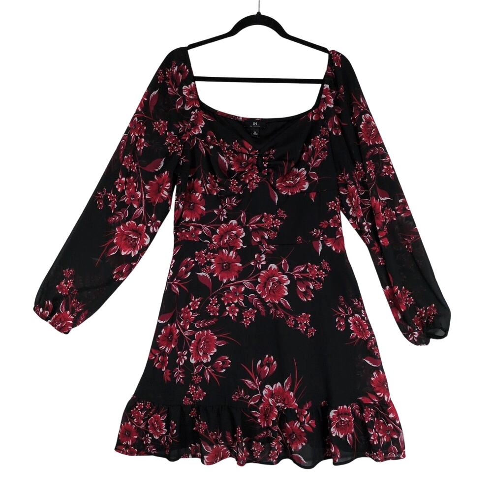 I.N. San Francisco Sz XL Black Red Floral Sheer Fairy Goth Babydoll Midi Dress‎